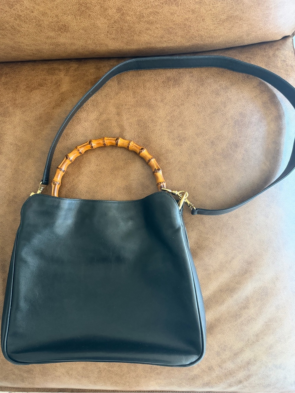 Gucci Black Leather Shoulder Bag with Bamboo Top Handle